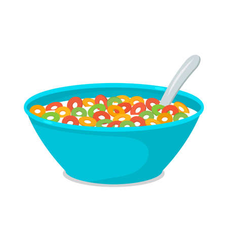 A blue plate with a dry breakfast of colored edible rings in milk with a spoon. vector illustration isolated on white backgroundのイラスト素材