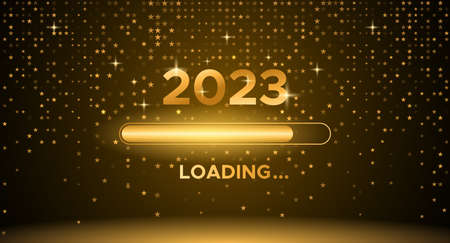 Happy new year banner with 2023 loading. Holiday vector illustration of Golden numbers 2023...