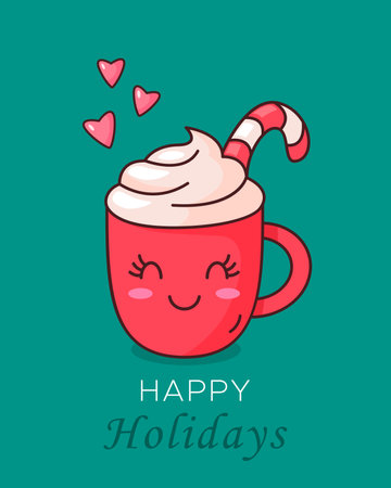 Cute red cup with hot chocolate or coffee with caramel candy. greeting card with ?hristmas holidays. vector illustration isolated on blue backgroundのイラスト素材