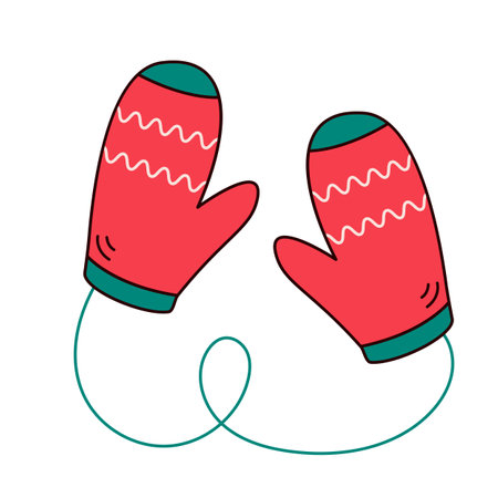 Warm winter knitted mittens. Flat vector illustration in linear doodle style. A pair of gloves on a white background. winter and christmas conceptのイラスト素材