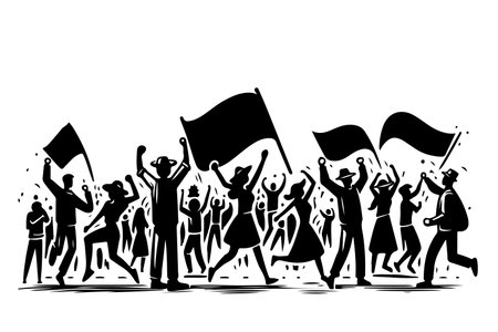 Demonstration and protest of people gathered for a meeting. Black silhouette on a white background. flat vector illustrationのイラスト素材