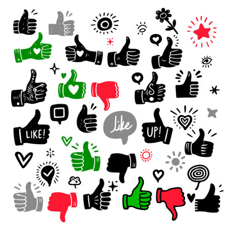 Set of hand sketches thumbs up. flat vector illustration on white backgroundのイラスト素材