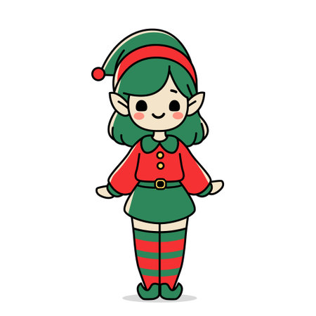 cute elf girl in green red costume isolated on white backgroundのイラスト素材