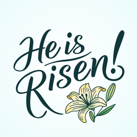 Christian banner or greeting card He is risen. Hand lettering and lily on white background. Vector Easter illustrationのイラスト素材