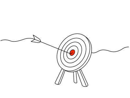 continuous line drawing of target with arrow hit the target. achievement and business concept. flat vector linear illustration isolated on white backgroundのイラスト素材