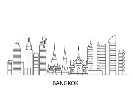 Minimalistic black and white vector illustration of continuous city skyline with iconic landmarks of Bangkok, Thailandのイラスト素材