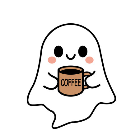 Cute smiling ghost drinking coffee from a cup. Halloween concept. Flat vector illustration isolated on white background.のイラスト素材