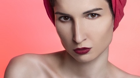Closeup portrait of beautiful woman with red lipstickの写真素材