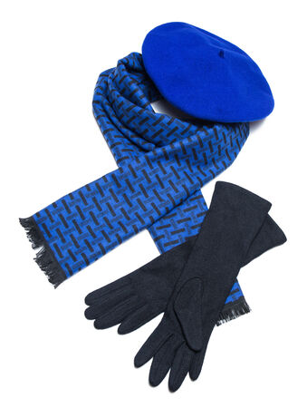 Dark blue female scarf, beret and black woolen gloves  isolated on white の写真素材