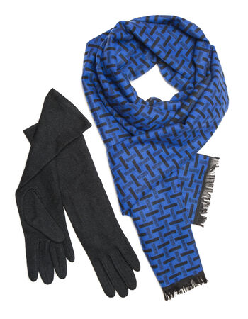 Dark blue female scarf and black woolen gloves isolated on white の写真素材