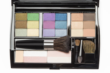 Professional makeup palette including eyeshadows in different shades, cosmetic correctors, brushesの写真素材