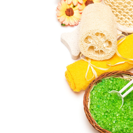 Sea salt, towel, pumice and loofah on white backgroundの写真素材