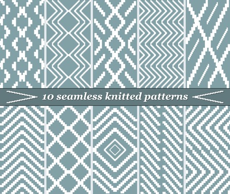 Set of 10 different seamless knitted patterns in blue-grey color. Elegant stepped geometric prints. Vector illustration for various creative projectsのイラスト素材