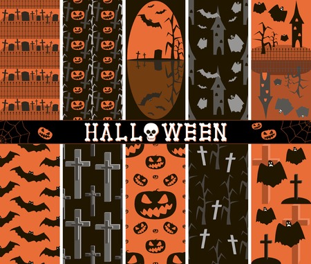 Set of 10 different seamless spooky Halloween patterns, part 2. Cemeteries, graves, crosses, evil pumpkins, bats, creepy trees, towers, flying ghosts. Black, white, orange colors. Vector illustrationのイラスト素材