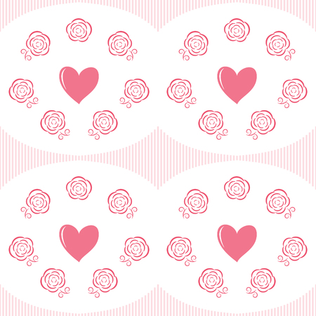 Seamless romantic pattern with hearts and flowers. Heart surrounded by fully open roses. Delicate love print in white, pink and red colors. Vector illustration for Valentine's Day or wedding designのイラスト素材