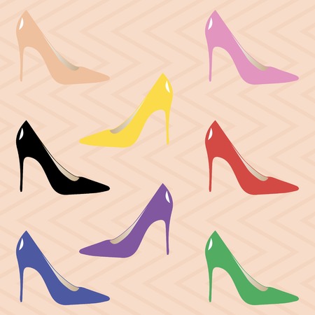 Classic high heel pumps. Stylish elegant shoes for women. Sexy stilettos. Peach, pink, yellow, black, red, purple, blue, green colors. Seamless zigzag backdrop. Vector illustration for fashion designのイラスト素材