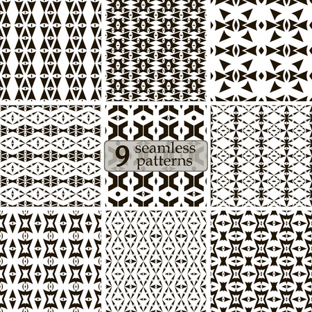 Set of 9 black and white seamless sagittate patterns. Abstract geometric ornaments with arrow-shaped elements. illustration for stylish creative designのイラスト素材