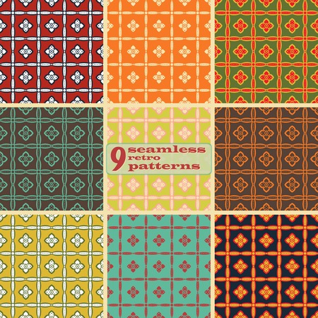Set of 9 seamless retro patterns with flowers. Elegant simple floral ornaments in folk style. Cute variegated prints in vintage colors. Vector illustration for fashion designのイラスト素材