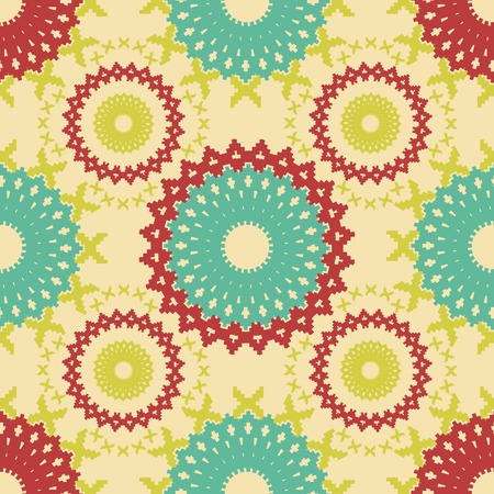 Abstract seamless pattern of cogwheel shaped elements. Elegant geometric print with stepped edges figures. Round and X-shaped forms. Vector illustration for various creative projectsのイラスト素材