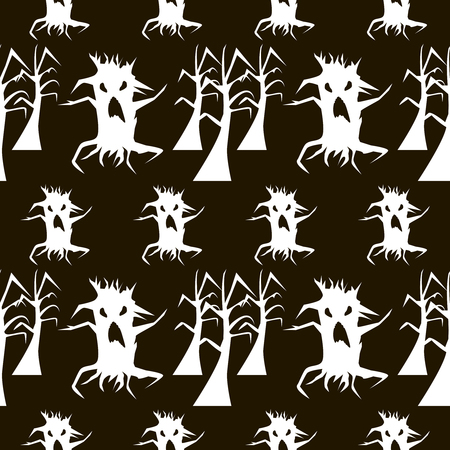 Seamless Halloween pattern of creepy demonic trees. Nightmare animated forest. Dead trees with gnarled branches. Eerie background in black and white colors. Vector illustrationのイラスト素材