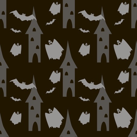 Seamless Halloween pattern of bats and ghosts flying around the towers. Eerie background in black and gray colors. Vector illustrationのイラスト素材