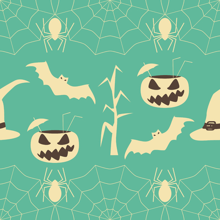 Halloween party seamless pattern. Evil pumpkins with drinking straws and cocktail umbrellas inside, bats, witch hats and spiders on the web.のイラスト素材