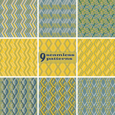 Set of 9 abstract geometric seamless patterns. Zigzag, rhomboid, parallelogram shapes of striped wide lines in yellow, blue, sand colors.のイラスト素材