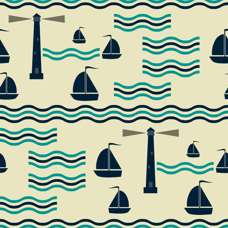 Seamless nautical pattern with waves, sailboats and lighthouses. Marine theme vector print in retro color paletteのイラスト素材
