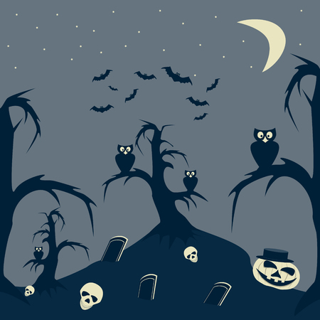 Halloween Night cartoon picture. Graves, grinning skulls and pumpkin on hill, owls on trees, flock of bats in starry skyのイラスト素材