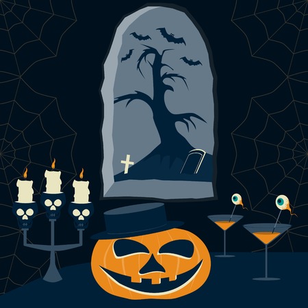 Halloween Night cartoon picture. Smiling pumpkin, candlesticks of human skulls and diabolical cocktails on table across from the window in sinister castleのイラスト素材