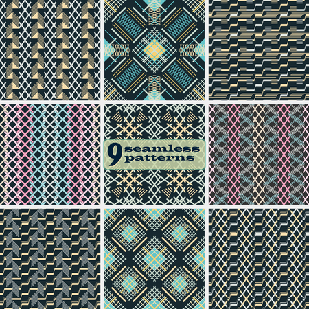 Set of seamless abstract patterns. Criss cross and stair step geometric elements in elegant color palette. Collection of vector prints for fabric, paper and otherのイラスト素材