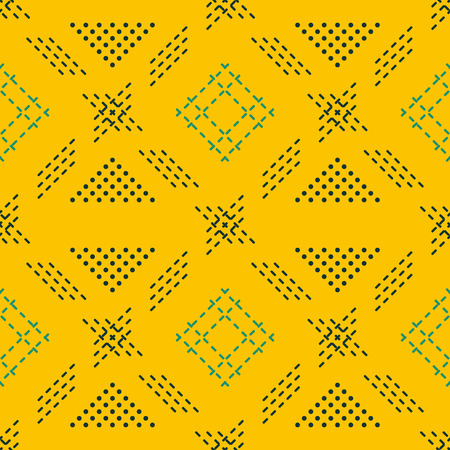 Seamless geometric pattern of dots and dashed lines in trendy mustard yellow color