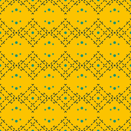 Seamless abstract geometric pattern of dots and dashed lines in trendy mustard yellow colorのイラスト素材