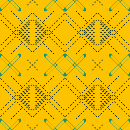 Seamless abstract geometric pattern with dashed lines in mustard and blue colorsのイラスト素材