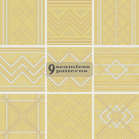 Set of seamless abstract geometric patterns. Golden and silver colors. Metal tubes vector prints collectionのイラスト素材
