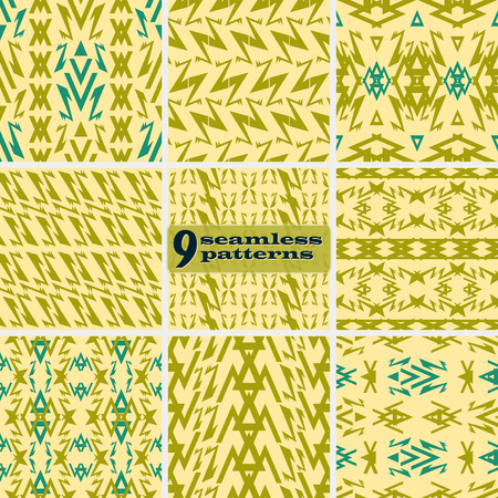 Set of seamless geometric patterns of polygonal fantasy shapes. Abstract vector prints collection in retro color paletteのイラスト素材