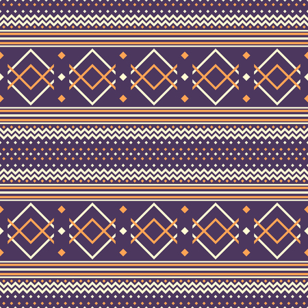 Seamless abstract pattern with zigzag, V shapes and square dots. Folk style geometric ornament violet and orange colorsのイラスト素材