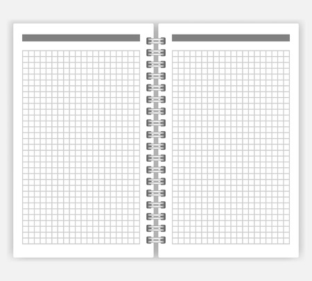 Open notebook with white squared pages, vector mock-up. Spiral bound loose-leaf notepad mockup. Wirebound diaryのイラスト素材