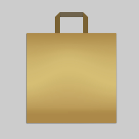 Paper shopping or merchandise bag with handle, vector mockup. Golden colored square retail package, templateのイラスト素材
