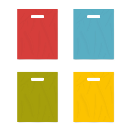 Colorful merchandise plastic bag with die cut handles isolated on white background, realistic vector mockup set. Template for designのイラスト素材