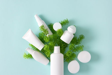 cosmetic tree. Various skin care beauty products on green plant branches. Skin care cosmetics conceptの写真素材