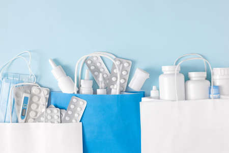 Various medicines, medical and pharmaceutical products in paper bags. copy spaceの写真素材