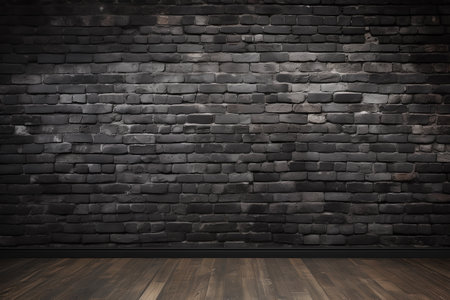 Empty indoor rough black brick wall with wooden floor. Loft room interior. Copy spaceの素材