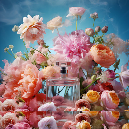 Perfume bottle with flowers. Floral fragrance conceptの素材
