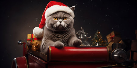 Cat in Santa hat carries gifts on sleigh, black background. Christmas Night. Holiday banner with copy space. AI generatedの素材