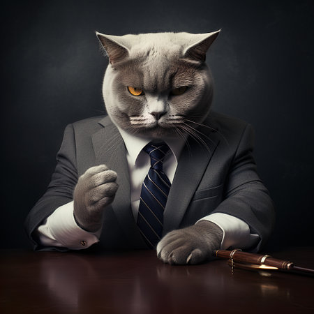 Confident businessman cat in suit sitting at the desk in official business meeting. AI generatedの素材