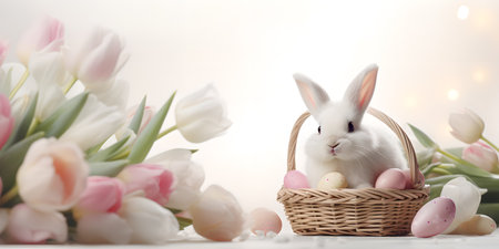 Happy Easter banner background. Cute white bunny rabbit in basket with dyed eggs. Copy space. AI generated illustrationの素材