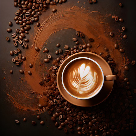 Cup of caramel latte with coffee beans top view. AI generatedの素材