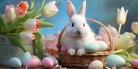 Cute white easter bunny in wicker basket with dyed color eggs and flowers. Happy Easter banner background. AI generatedの素材