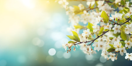 Blooming apple tree branch against defocused sunny nature background. Spring banner. Copy space. AI generated illustrationの素材